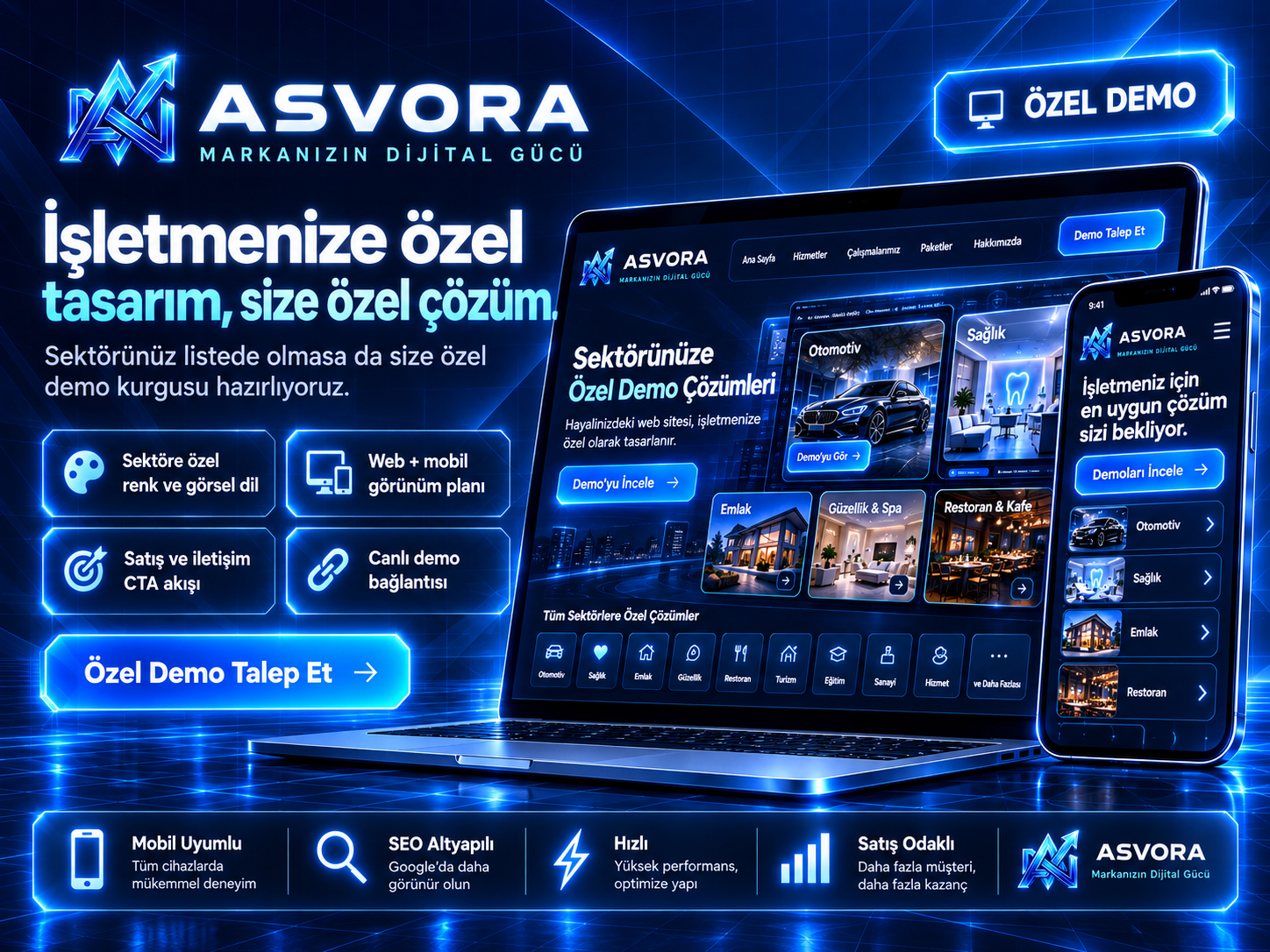 ASVORA özel sektör demo tasarımının web ve mobil sunumu